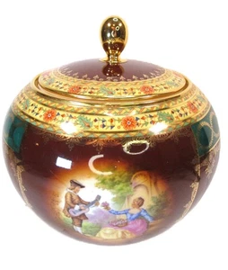 J K Decor Carlsbad Courting Couple Canister Bowl W Lid Maroon W Gold Detail 7.5" - Picture 1 of 14