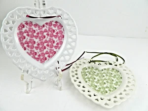 HEART SHAPED WALL DECORATIONS, WHITE CERAMIC W/ PINK & GREEN CENTERS, SET OF 2 - Picture 1 of 11