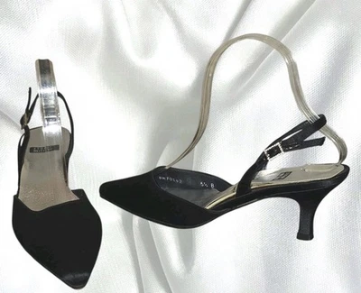Винтажный Stuart Weitzman черный атласный слинга блестящая пряжка заостренный носок каблук размер 5,5 B - Изображение 1 из 4
