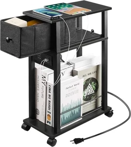 Side Table with Charging Station and Drawer, Narrow End USB Black - Picture 1 of 8