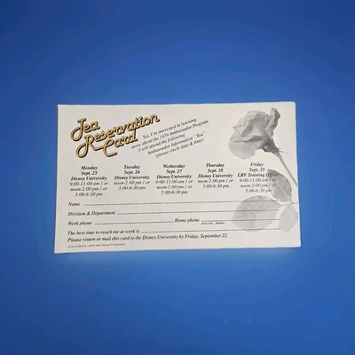 Tarjeta de reserva de té en blanco del programa de embajadores de Walt Disney Productions 1979 Foto 1 de 2