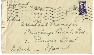 Cover to Ipswich Franked 2d Stamp Cancel Johannesburg Machine 12 Oct 43 Censored - Image 1 of 2