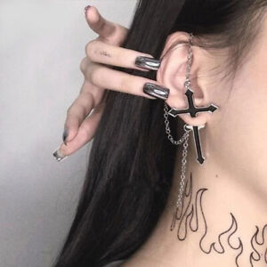Black Cross Chain Wrap Cuff Earrings Jewelry Piercing Required Goth Punk Rock 1