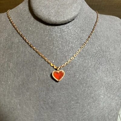 Dainty Heart Pendant Necklace, 18k Rose Gold, Red Glass, New - Image 1 of 4