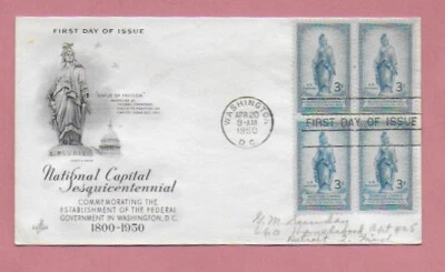 National Capital Sesquicentennial 1950 FDC ARTCRAFT  SCOTT # 989 (4) Stamps - Image 1 of 2