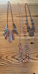 3 Lot Mixed Metals Necklaces. Engraved Plates,Orange Faux Pearls & Copper Discs. - Picture 1 of 15