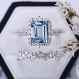 Emerald Cut Simulated Aquamarine Engagement Band Ring In 14k White Gold Plated - Picture 1 of 4