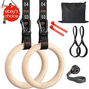 Wooden Gym Rings Adjustable Straps for Bodyweight Training - Picture 1 of 12