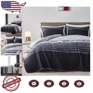 Stylish Grey Patchwork Striped Quilt Set with Pillow Shams - Machine Washable - Picture 1 of 10
