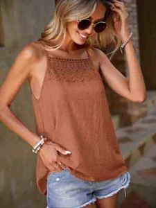 PICCOLO Pizzo Cami Marrone Top Svizzero Punto Estate Casual Lavoro Formale Boho Hippie retrò - Foto 1 di 4