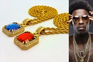 MENS RICH HOMIE QUAN GANG RED & BLUE PENDANT STAINLESS STEEL CHAIN NECKLACE - Picture 1 of 12