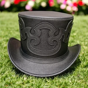 Handmade Gothic Festival Costume Hat Men's Black Leather Steampunk Top Hat - Picture 1 of 2
