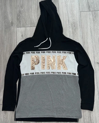 Victorias Secret PINK Hoodie Womens XS Black/ Gray Sequins  BLING Sweatshirt - Image 1 of 4