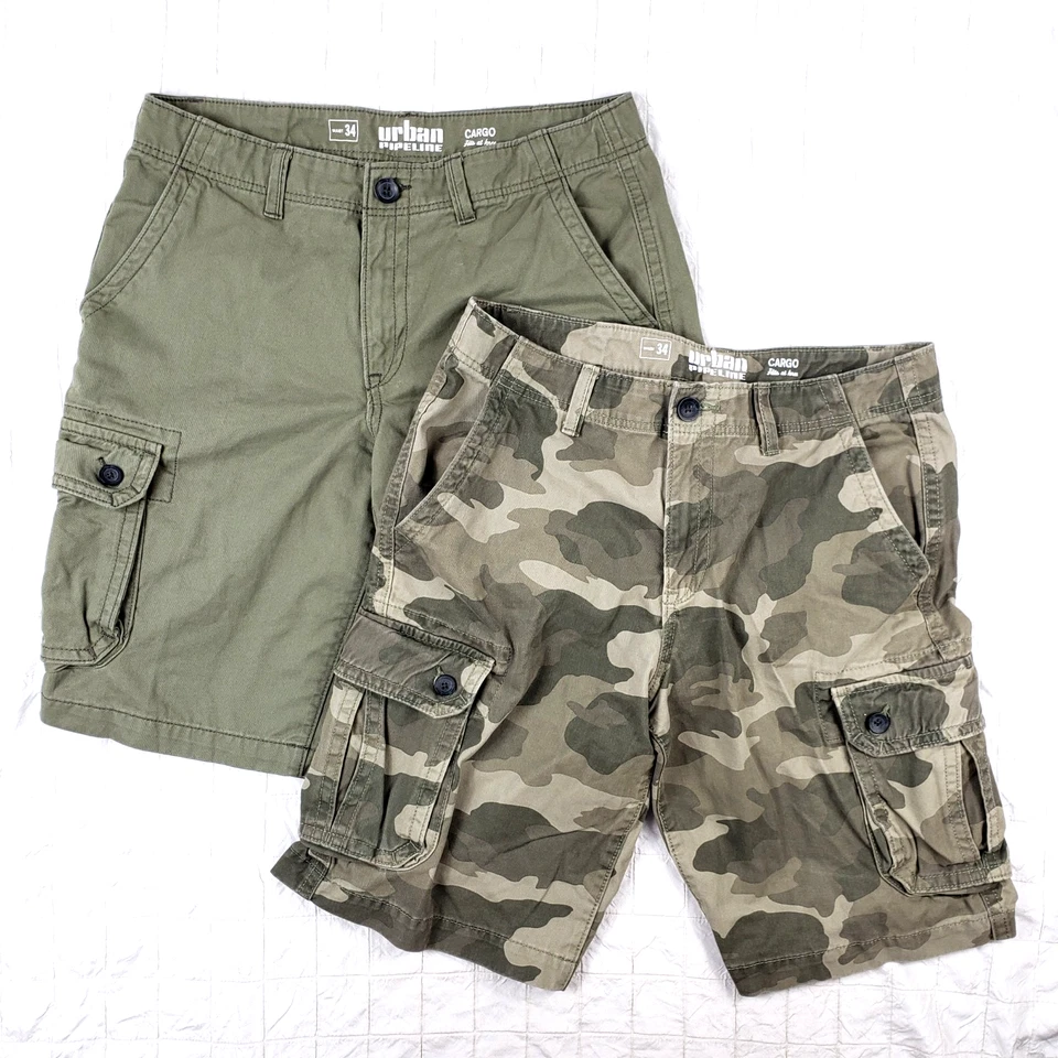 LOTE de 2 ~ Pantalones Cortos Carga Urban Pipeline Para Hombres 34x12 Hasta la Rodilla 22" Largo Verde + Camuflaje Foto 1 de 4