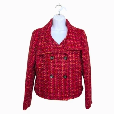 Talbots Wool Blend Tweed Red Orange Double Breasted Blazer Lined Fall Holiday 8 - Image 1 of 4