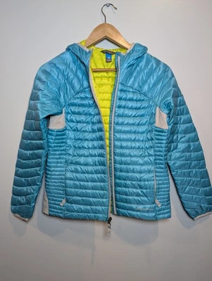 Eddie Bauer Kids Size L (12)Down Puffer Hooded Jacket Blue Packable Lightweight  - Image 1 of 4