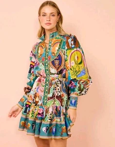 Mini Vestido Alemais Talla AU 8 US 4 Evergreen Floral Lino Manga Larga - Imagen 1 de 11