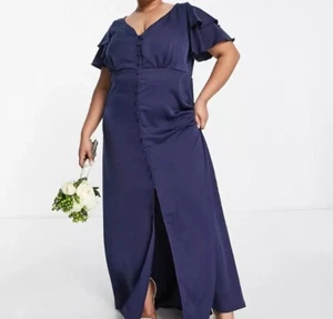 Little Mistress Bridesmaid satin dress / flutter sleeves in navy UK18(S52) (M) - Picture 1 of 4