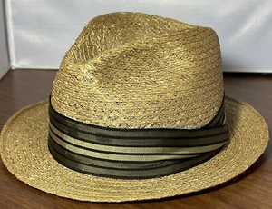 Vintage Crofut & Knapp Tan Woven Fedora Hat 2" Green Striped Band Size 7 Medium - Picture 1 of 8