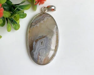 Crazy Lace Agate Silver Overlay Pendant, Oval Shape 2 Inch Natural Jewelry a320 - Picture 1 of 2