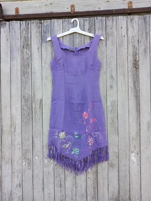 Muse Purple Fringe Embroidered 100% Linen Dress Womens Sz 4 Knee Length - Image 1 of 4