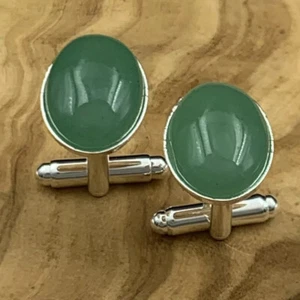 New Handmade Cufflinks Green Oval Aventurine Cabochon Gemstone Silver Plate - Picture 1 of 4