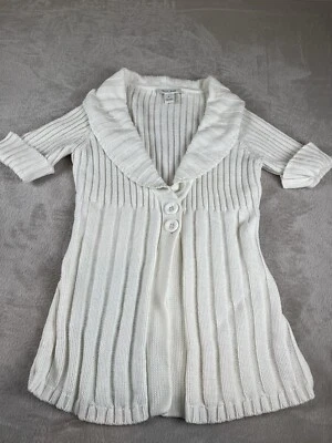 White House Black Market Ribbed Button Up Cuffed Sweater Ivory Women’s SZ Medium - Image 1 of 4