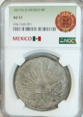1877 Zs JS MÉXICO PLATA 8 REALES 8R NGC AU 53 PQ ESCASO GRAN ASPECTO ZACATECAS Foto 1 de 4