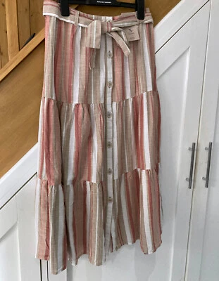 Falda Midi TU Talla 8 Rosa Beige Rayas en Niveles 100% Algodón Botón Frontal Lino NUEVA Foto 1 de 4