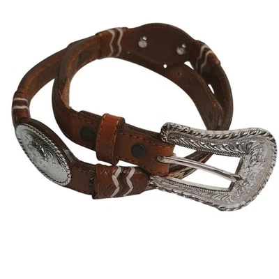 Cinturón vintage Justin Concho Western para mujer 28 cuero tejido plateado suroeste Foto 1 de 4