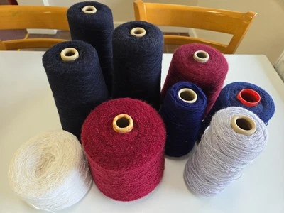Knitting Machine Wool Cones x9 Blues Navy Reds White - Image 1 of 4