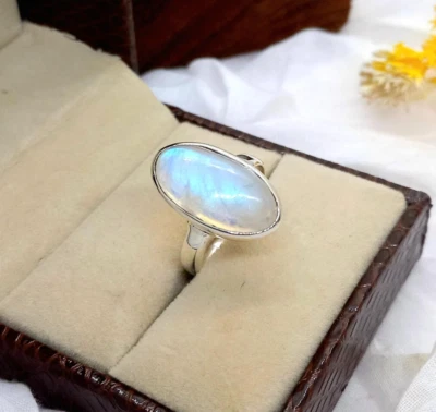 Anillo de compromiso de plata con piedra lunar arco iris real joyería de piedra lunar vintage Foto 1 de 4