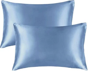 Satin Silk Pillowcase Hair Skin Airy Blue Pillow Cases Standard Size Set 2 Pack - Picture 1 of 6