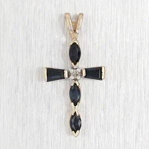 Vintage 0.50ctw Blue Sapphire & Diamond Cross Pendant - 14k Yellow Gold Charm - Picture 1 of 4