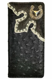 Long Horn Mens Wallet Western Bifold Check Book Style W039-6 Ostrich Black - Picture 1 of 4