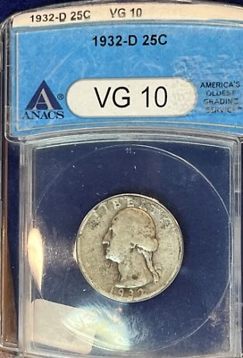 1932-D Washington Quarter : ANACS VG10  Key Date - Image 1 of 3