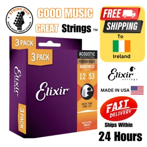 *3 SETS ELIXIR 16545 NANOWEB ACOUSTIC GUITAR STRINGS LIGHT 12-53 PHOSPHOR BRONZE - Imagen 1 de 3