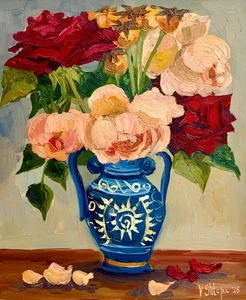 Original Ölgemälde blühende Rosen Blumen Stillleben Vintage Vase signiert Kunst - Bild 1 von 8
