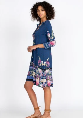 Vestido túnica polo feminino Johnny Was Willowa azul floral Henley manga 3/4 boho - Imagem 1 de 4