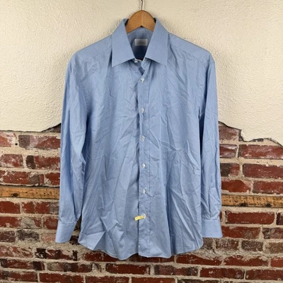 Brioni Shirt Mens Large Blue White Stripe Button Down Dress Italy Luxury Cotton - Image 1 of 4