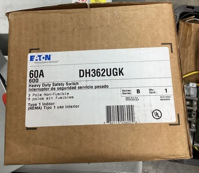 Eaton DH362UGK 60A Non-Fusible Safety Switch DH 3P 60A 600V 3PH - New Open Box - Image 1 of 4