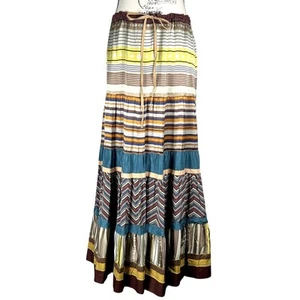Anthropologie A Common Thread Sz S Patchwork Silk Maxi Skirt Boho Drawstring - Picture 1 of 11