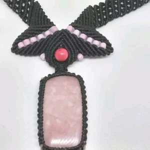 Pink Macrame Pendant Necklace Faux Rhodonite Cabochon Woven Beaded Tie Closure - Picture 1 of 3