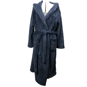 Fuzzy Fleecy Hooded Bathrobe Belted Pockets Long Sleeve Navy Blue 3X - Picture 1 of 24