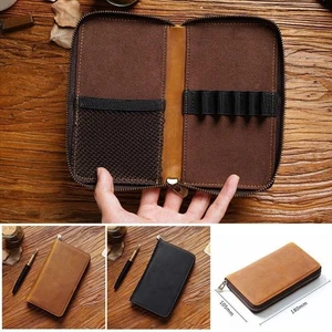 REAL Leather Zipper Pen Pencil Case School Office Stationery Fountain Pen Bag UK - Picture 1 of 18