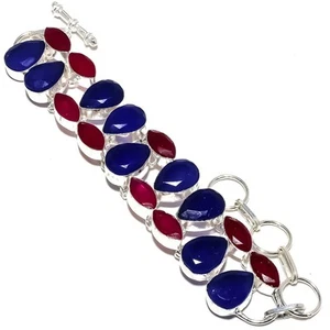 Sapphire(Simulated), Ruby Gemstone Handmade 925 Sterling Silver Bracelet 7-8" - Picture 1 of 1