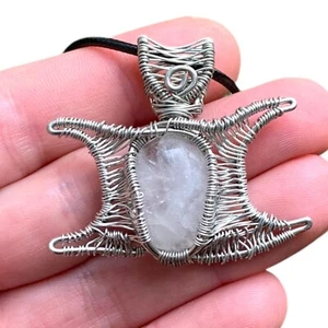 Triple Moon Goddess Necklace Silver Wire Wrap Quartz Moon Pendant Witchy Gift - Picture 1 of 14