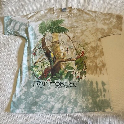 Vtg Liquid Blue "Rain Forest preserve paradise" 2-Sided TieDye XXL TShirt Animal - Imagem 1 de 4
