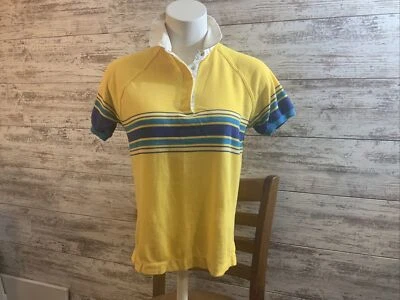 Camiseta retro delgada vintage años 70 para mujer con cuello rayas amarillo azul broches de presión Foto 1 de 4