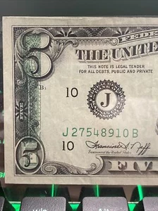 error 1974 $5 dollar ink transfer back to front Mix laddar number 01245789 Rare! - Picture 1 of 4